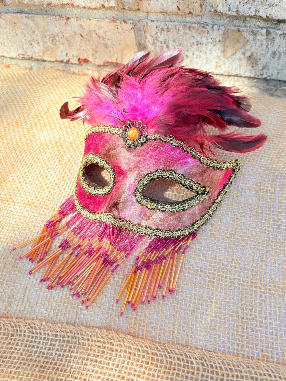 Pink Feathered Venetian Masquerade Mask with Beaded Fringe